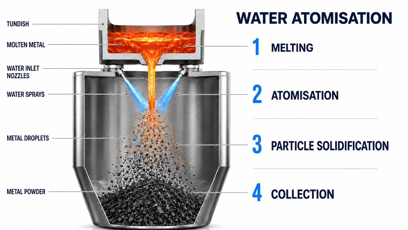 High velocity water jets disintegrate a controlled molten metal stream; the droplets cool, solidify, dry and are classified into defined size fractions.